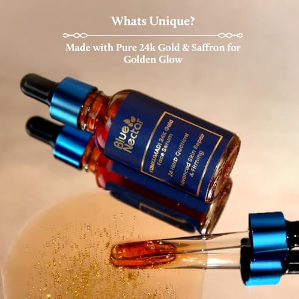 Blue Nectar 24k Gold Serum - Ayurvedic Kumkumadi Face Oil for Glowing Skin