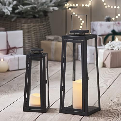 Lights4fun Set of 2 Solar Black Metal LED Candle Lanterns – IP44 Waterproof