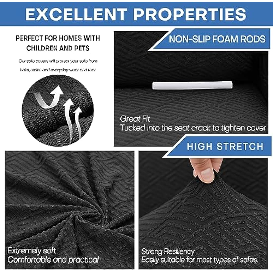 XINEAGE Stretch Sofa Cover – 4 Seater Jacquard Couch Slipcover, Black