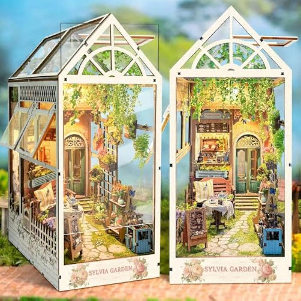 CRIOLPO Tea Time Garden Book Nook Kit - 3D Wooden Miniature with LED