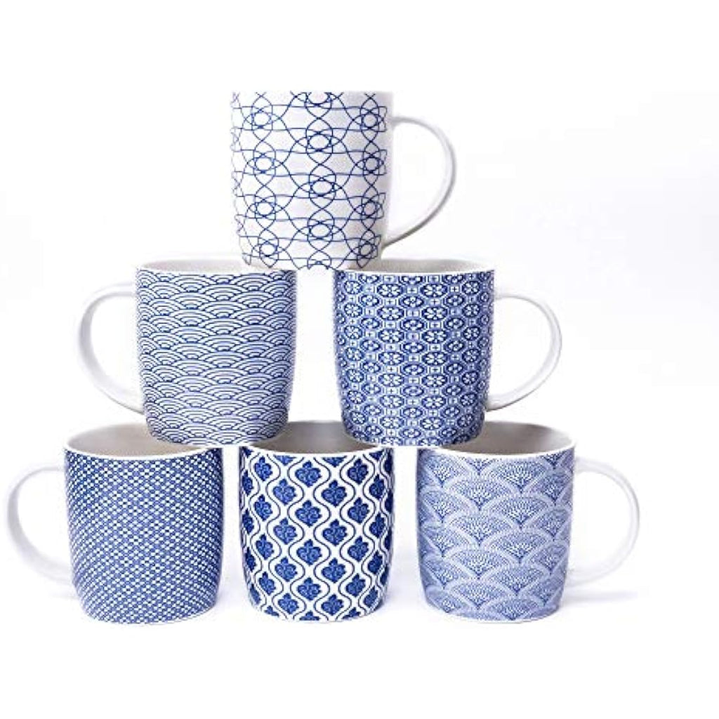 MACHUMA Ceramic Coffee Mugs - 6 Pack Blue & White Geometric Cup Set