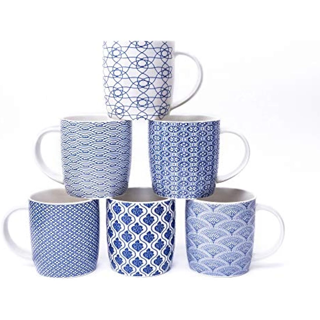 MACHUMA Ceramic Coffee Mugs - 6 Pack Blue & White Geometric Cup Set