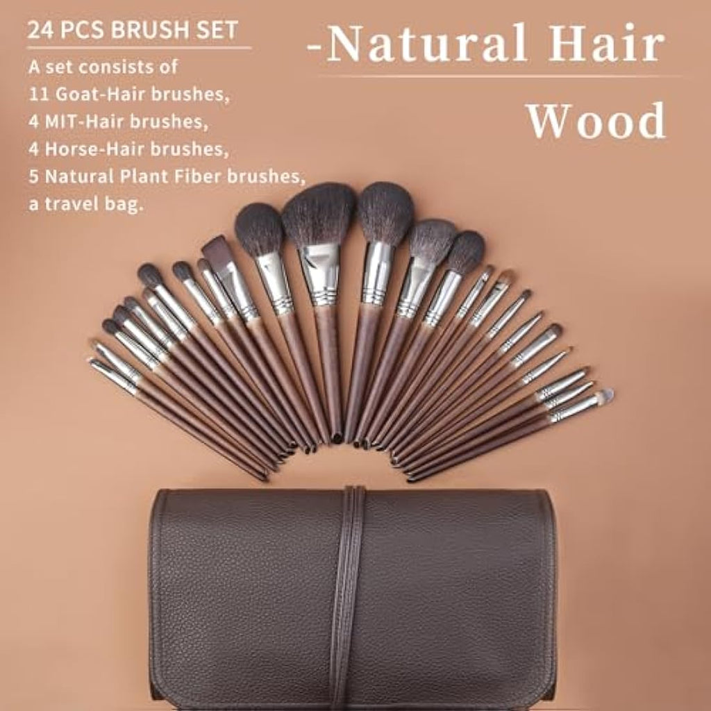 ENZO KEN 24pc Natural Goat Hair Makeup Brush Set with Walnut Handles & Case