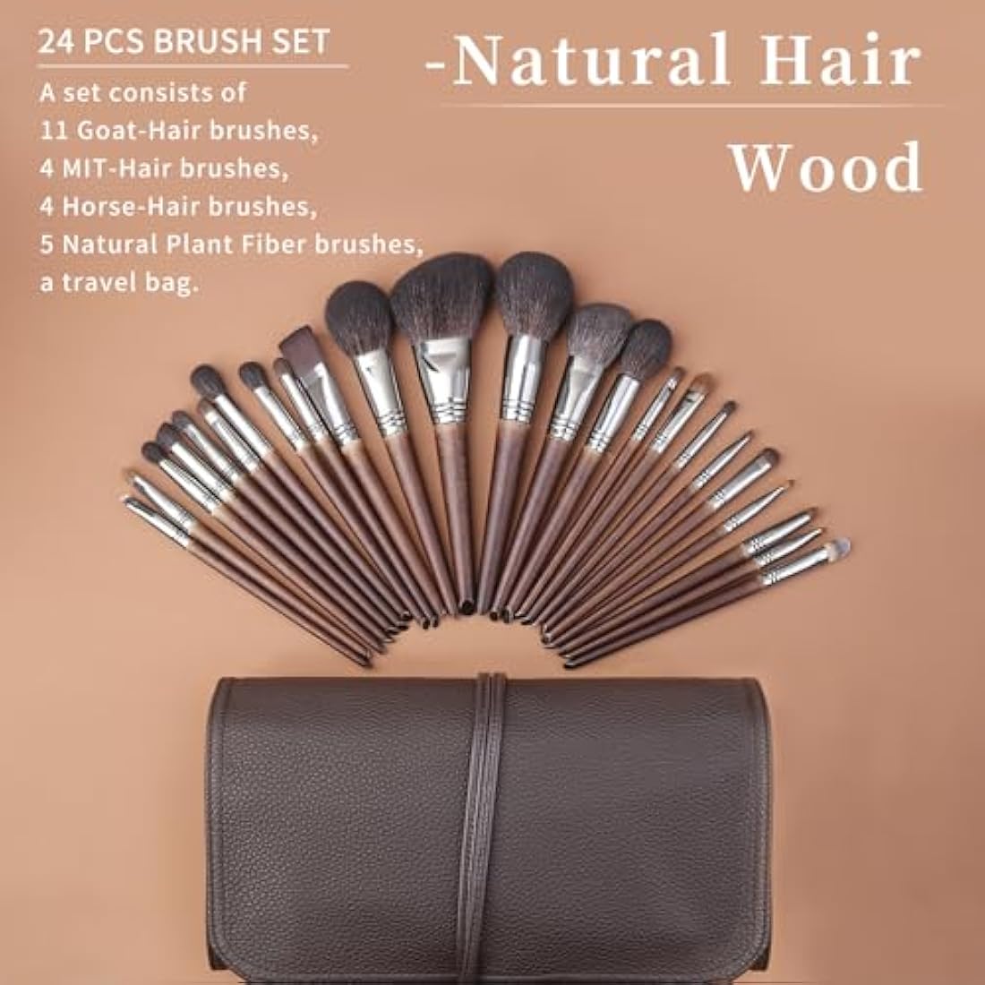 ENZO KEN 24pc Natural Goat Hair Makeup Brush Set with Walnut Handles & Case