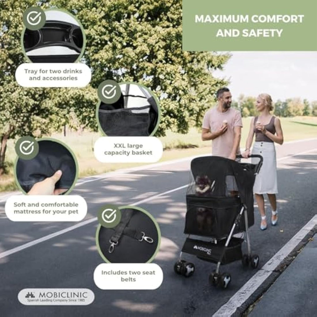 Mobiclinic Zuma Foldable Dog Pram - Pet Stroller for Small Dogs, Black