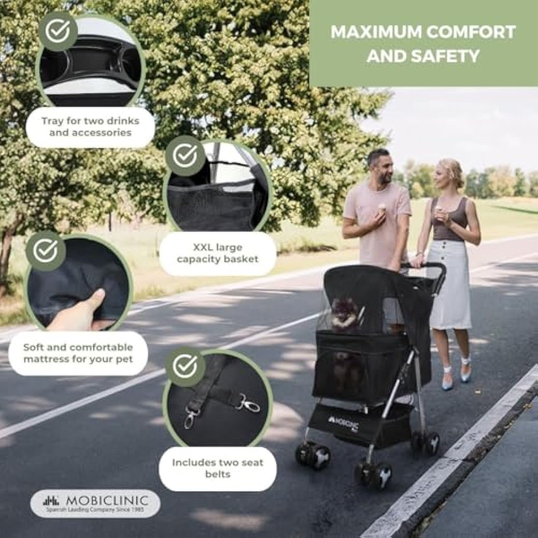 Mobiclinic Zuma Foldable Dog Pram - Pet Stroller for Small Dogs, Black