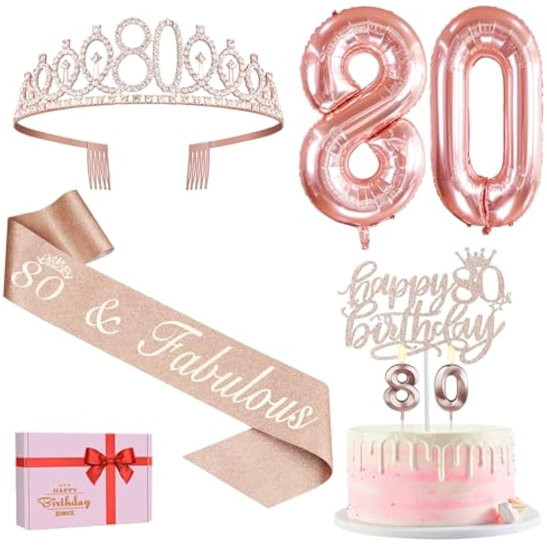 Amosking 80th Birthday Decorations for Women | Rose Gold Tiara and Sash Set