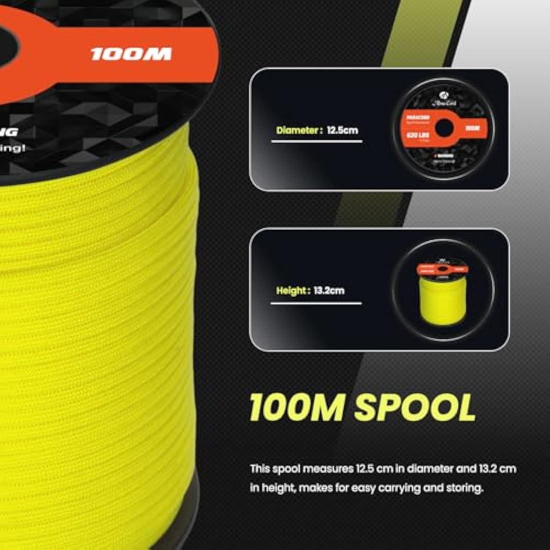 Abma Cord 4mm Type III Nylon Paracord – 100m 9-Strand Rope, Neon Yellow
