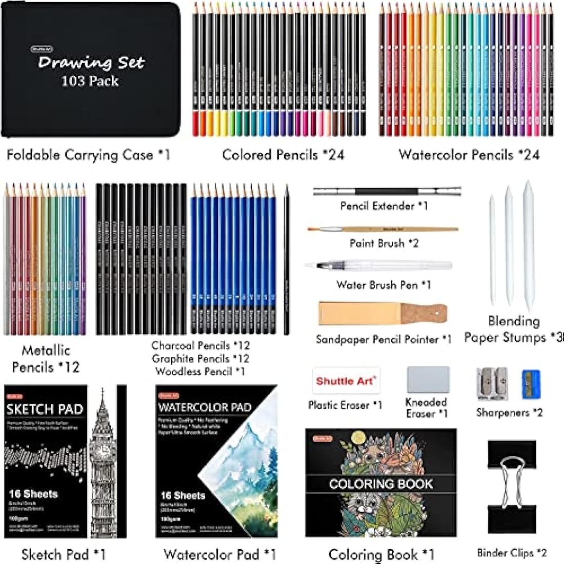 Shuttle Art 103 Pack Sketching and Drawing Set with Zipper Case