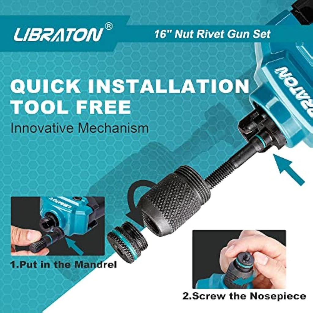 Libraton 16" Rivet Nut Tool Kit | 7 Metric Mandrels & 70 Rivet Nuts