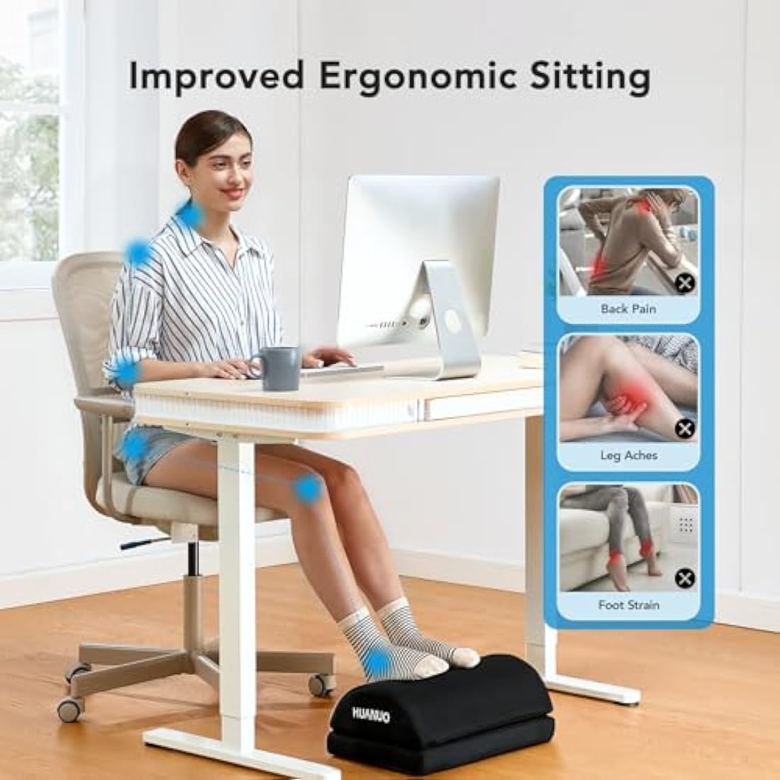 HUANUO Adjustable Memory Foam Footrest | Ergonomic Under Desk Foot Stool