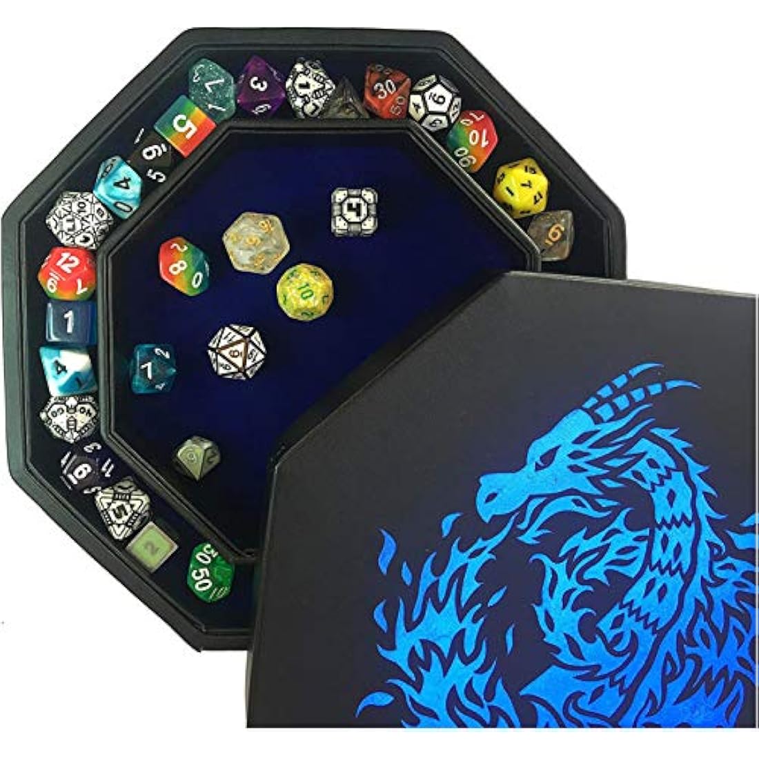Jolof Store Fire Dragon Octagon Dice Tray with Lid – Blue Vegan Leather