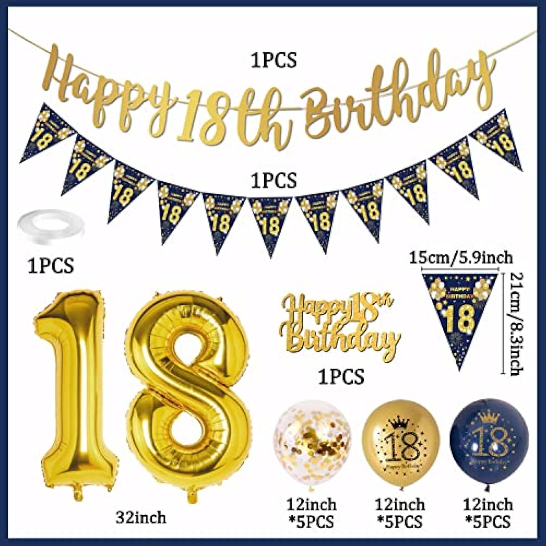 Jolof Store 18th Birthday Decorations – Navy Blue and Gold Balloon Kit