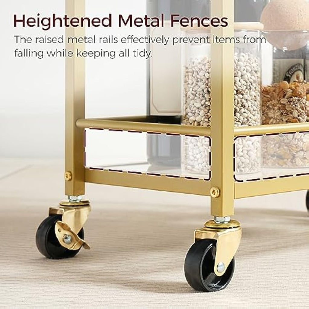 MAHANCRIS 3-Tier Gold Bar Cart | Tempered Glass Rolling Serving Trolley
