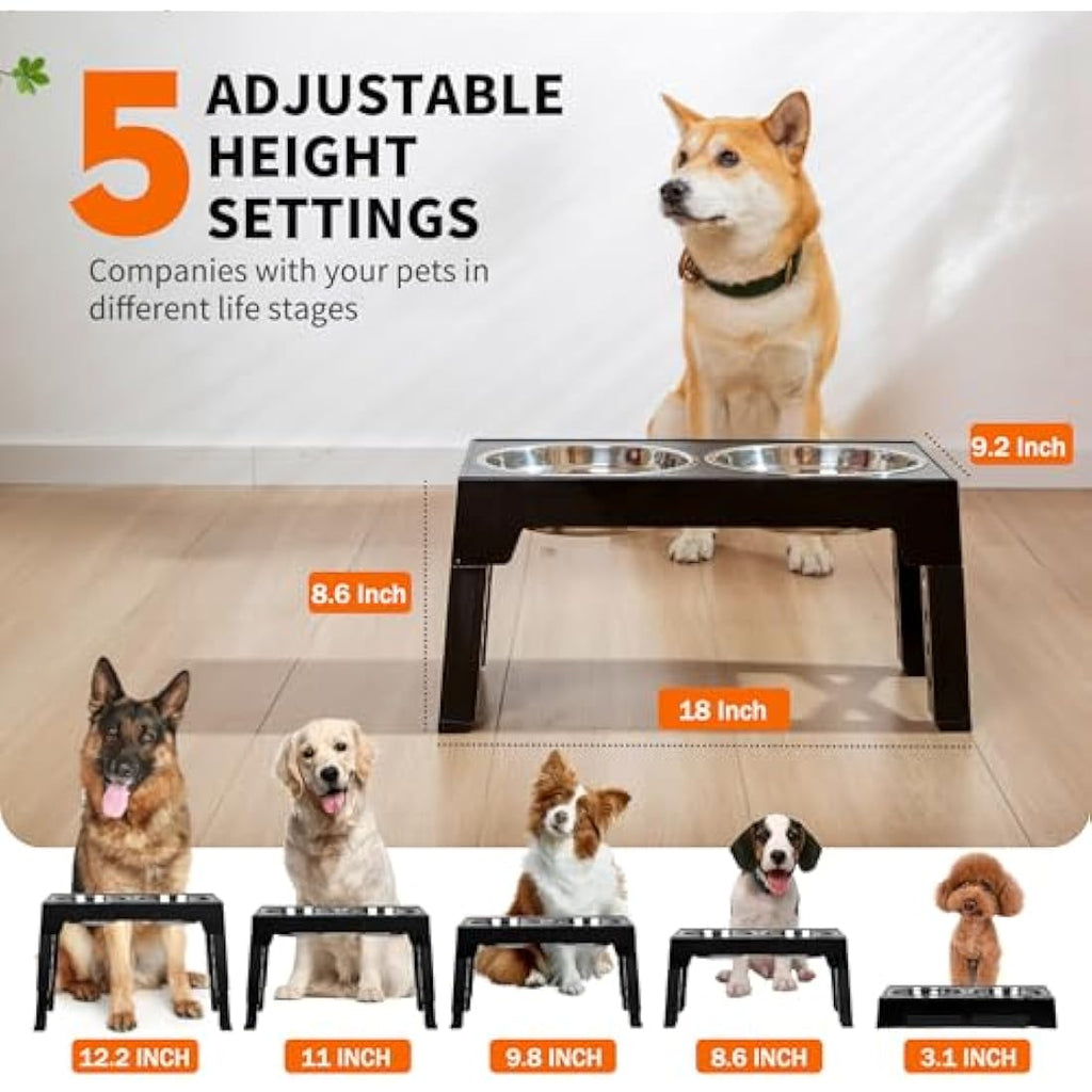 FOREYY Adjustable Elevated Dog Bowls – 5 Heights Raised Stand with 3 Bowls