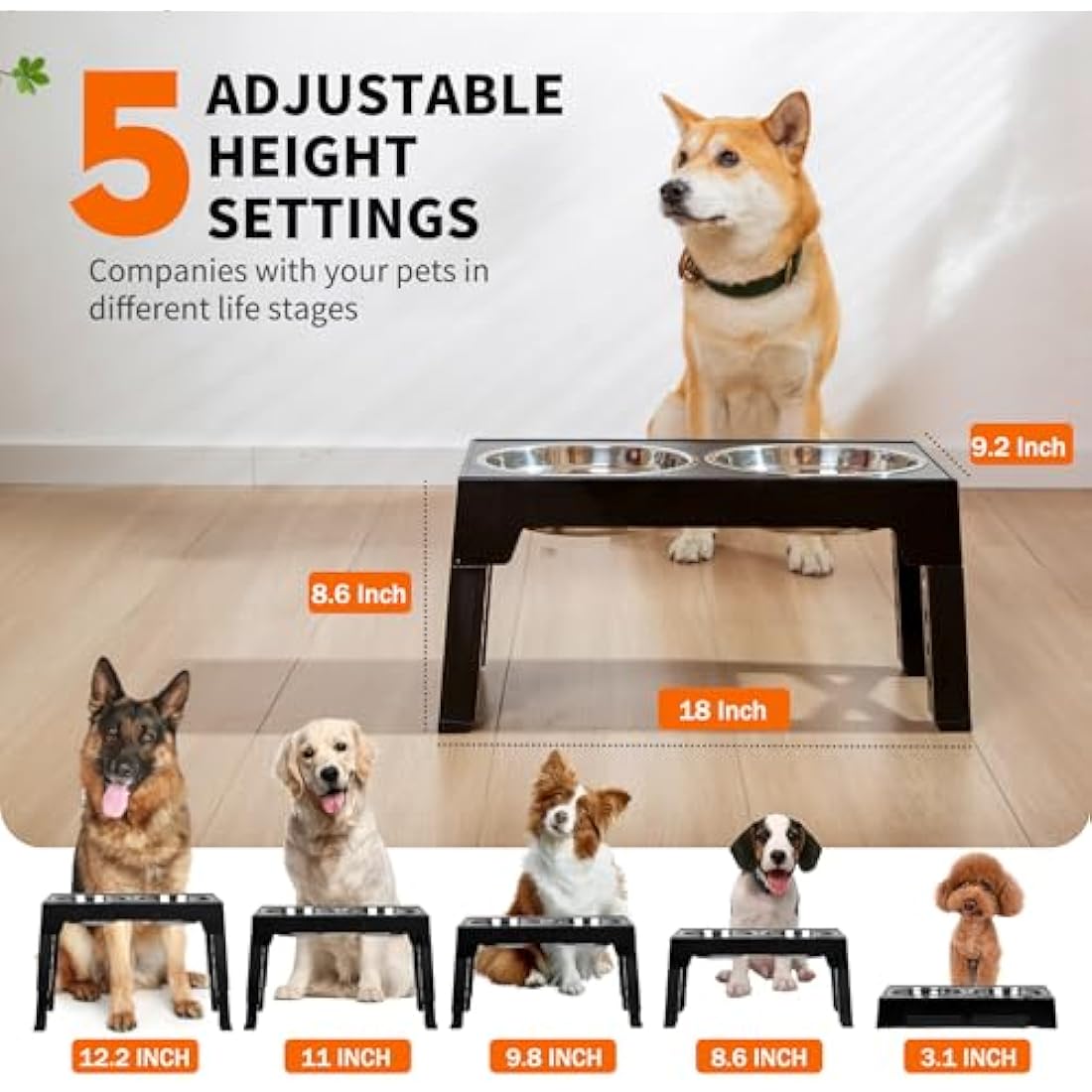 FOREYY Adjustable Elevated Dog Bowls – 5 Heights Raised Stand with 3 Bowls