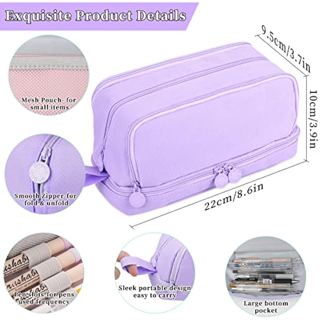 Tesmien Large Pencil Case | 4-Compartment Canvas Stationery Bag - Purple