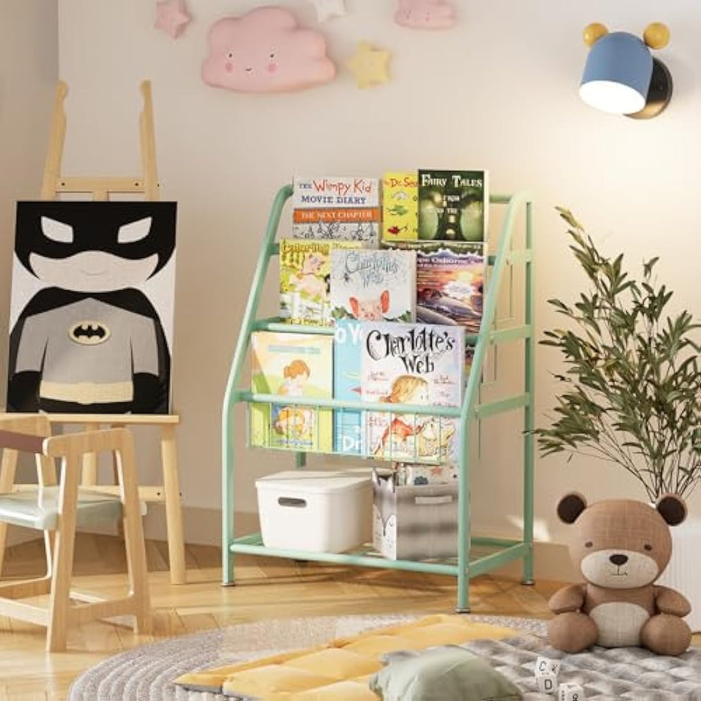 Huhote Kids Bookshelf – Metal Book and Toy Storage Organizer, Green