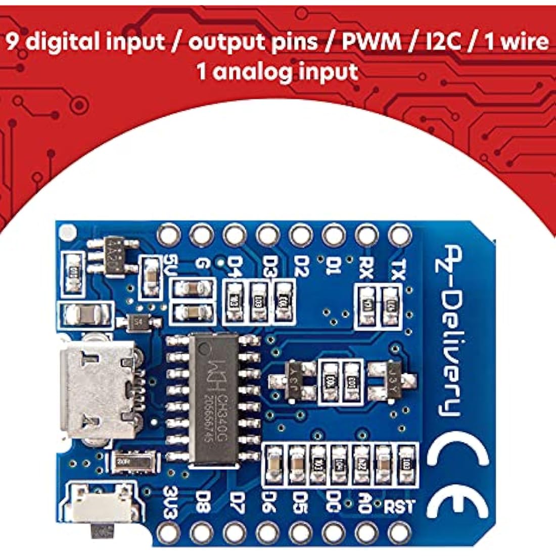 AZDelivery D1 Mini NodeMcu WiFi Board ESP8266-12F CH340G - 5 Pack