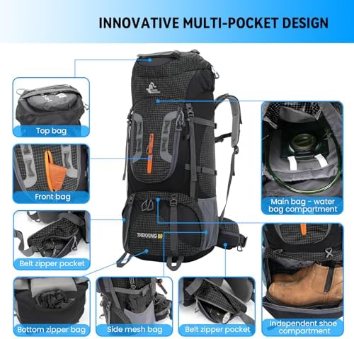 Jolof Store 80L Waterproof Hiking Backpack – Large Camping Rucksack
