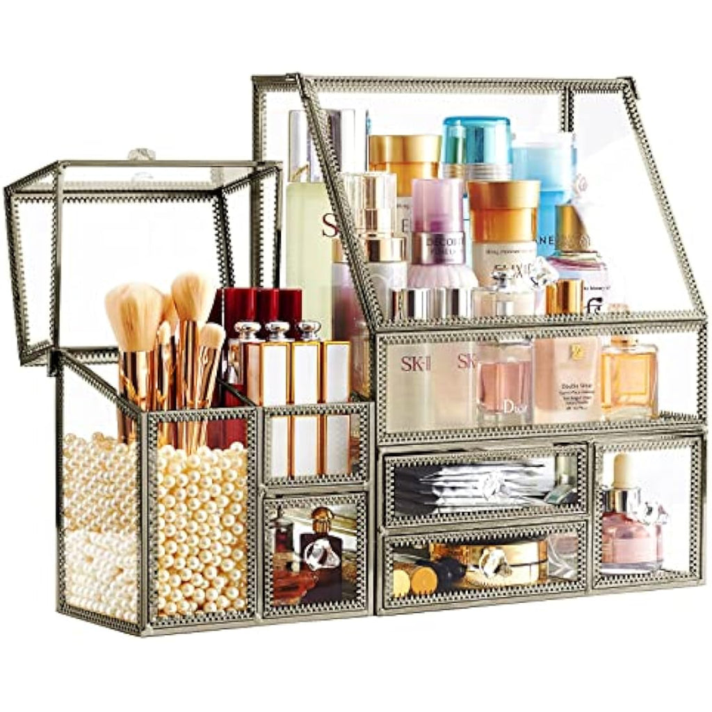 Hersoo Glass Makeup Organizer – Antique Brass Stackable Cosmetic Storage