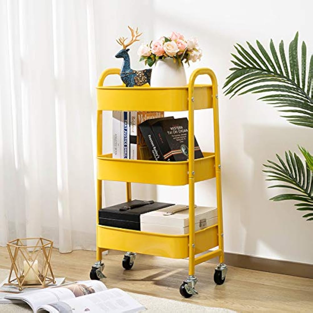 DOEWORKS 3-Tier Metal Rolling Utility Cart – Slim Storage Trolley, Yellow