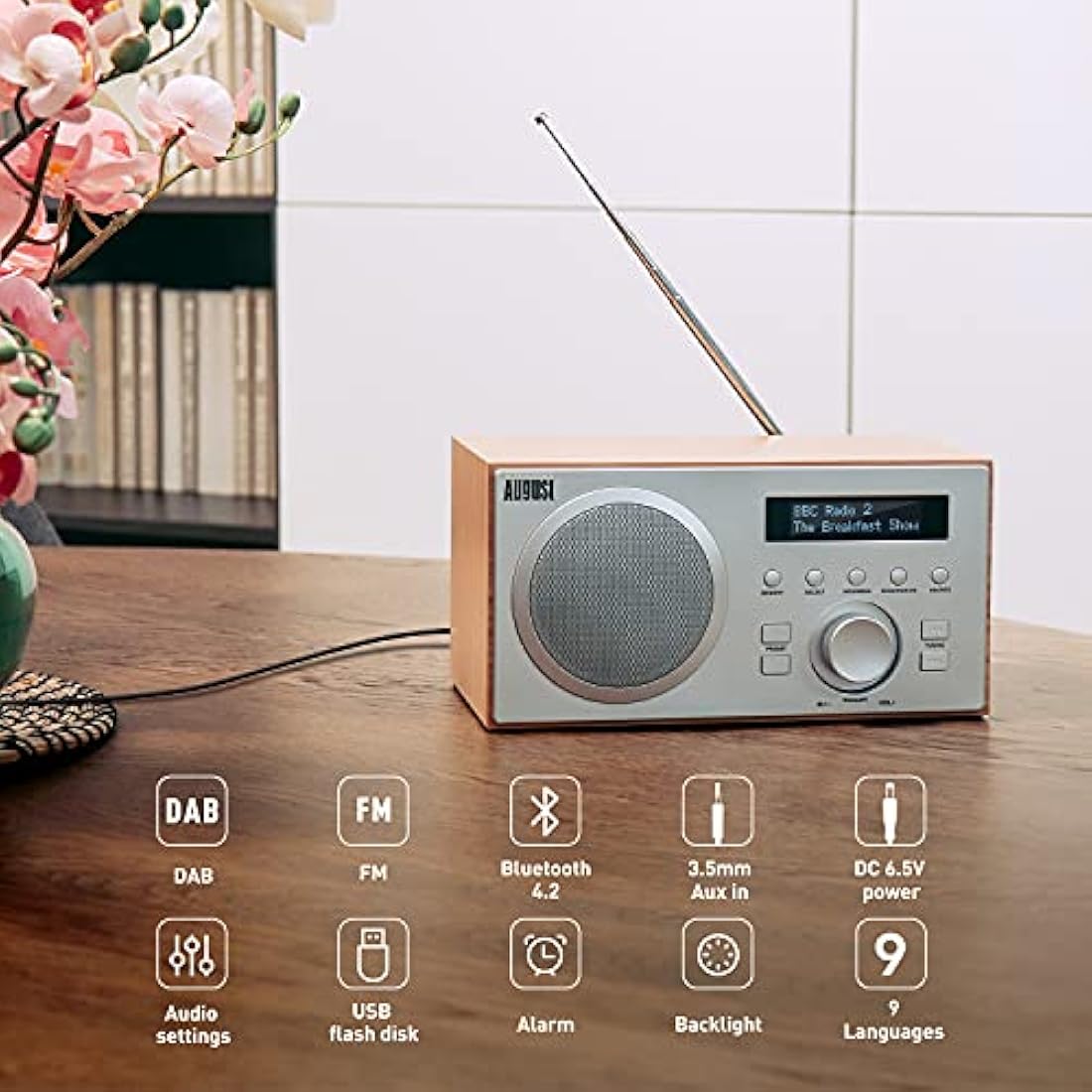 August MB420 DAB+ Digital Radio & Bluetooth Speaker - Dual Alarm - Oak