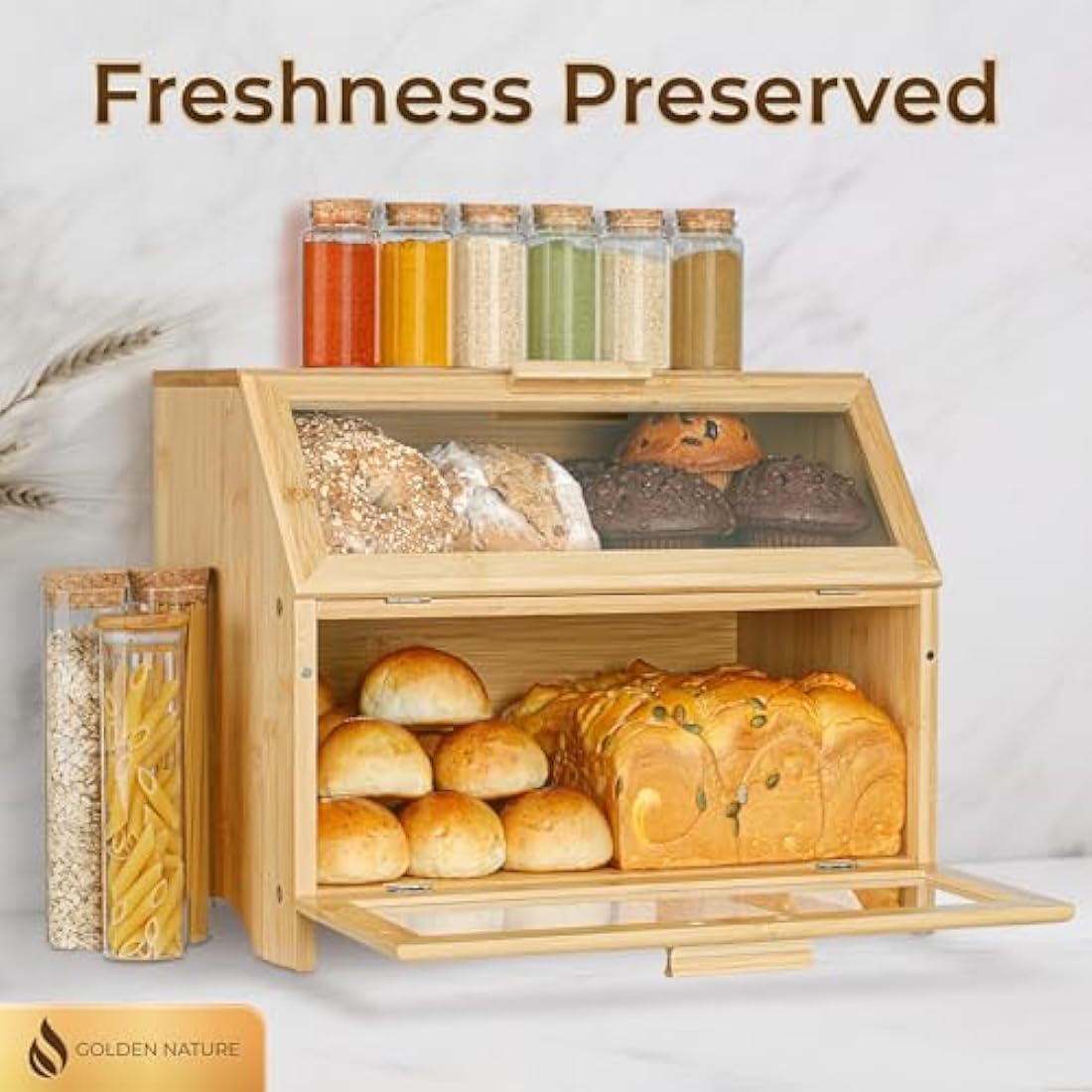 Golden Nature Bamboo Bread Box – Large Double Layer Kitchen Storage
