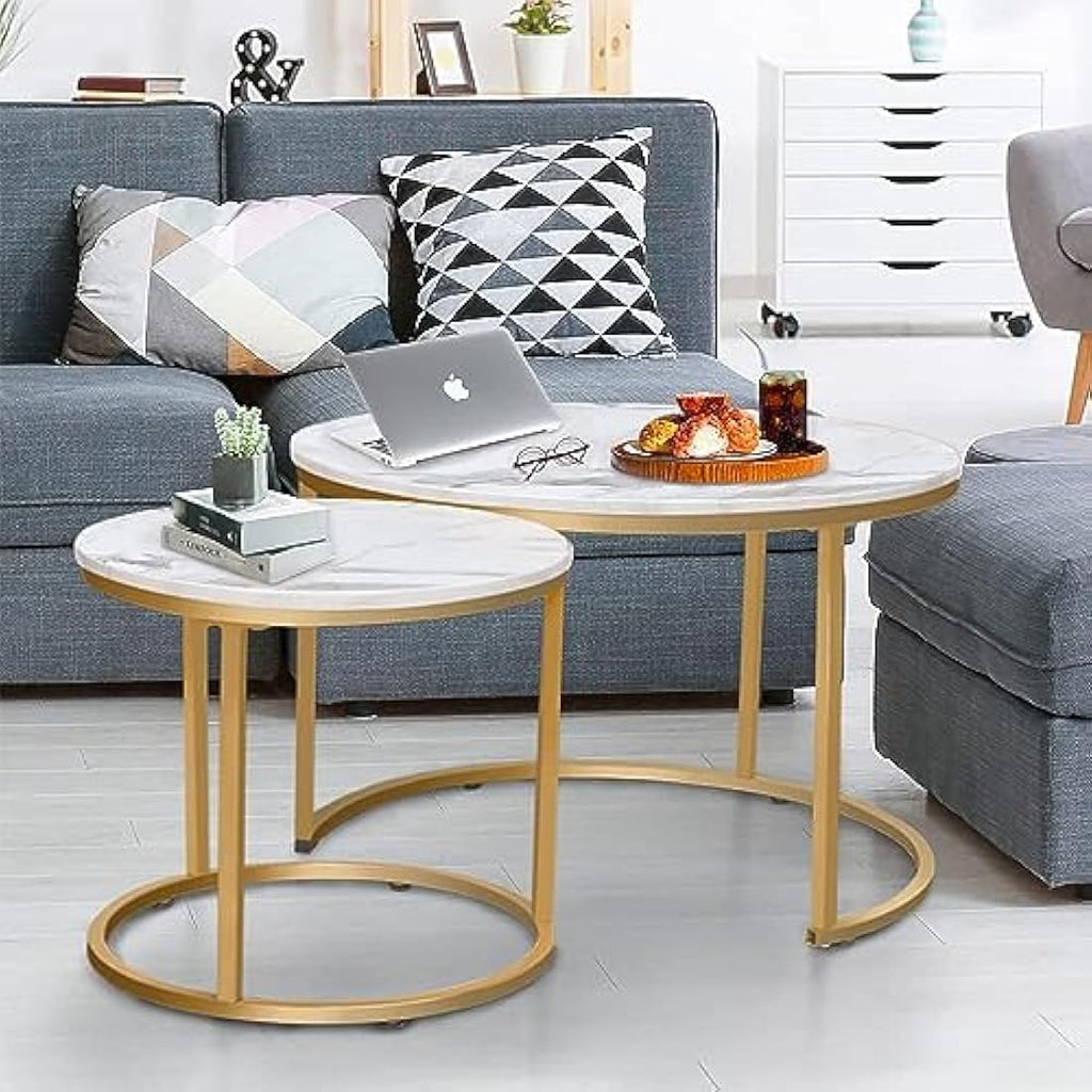 Round Nesting Coffee Tables - Set of 2 White Marble & Gold