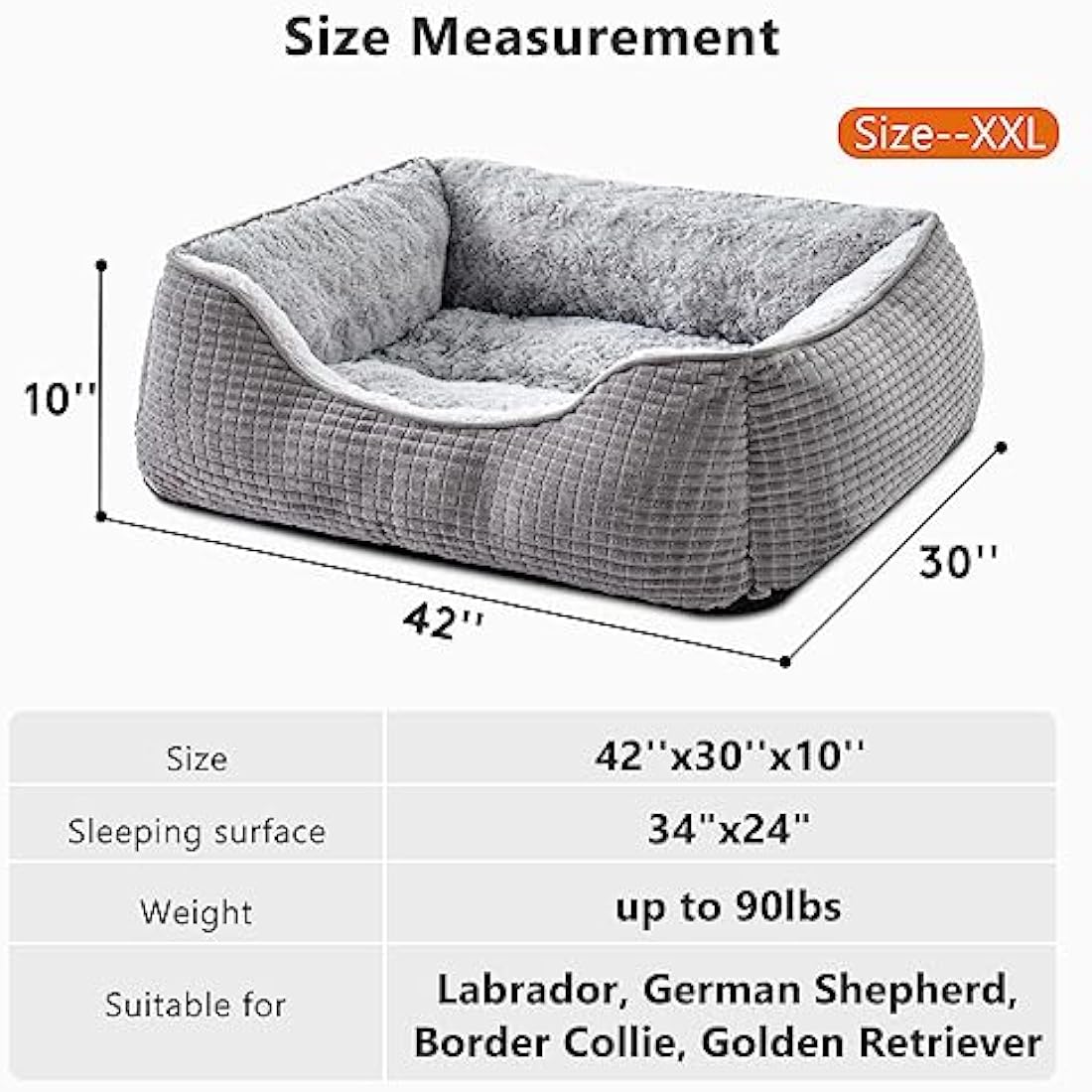 JOEJOY Orthopedic Calming Dog Bed – Washable Rose Velvet Pet Bed, Grey, XXL
