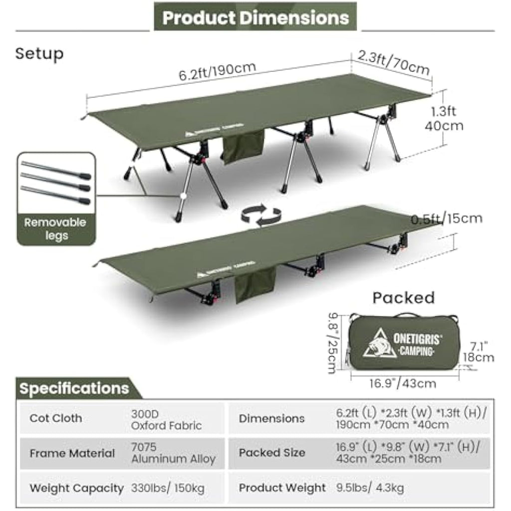 OneTigris SUPRANUBIS Camping Cot | Height Adjustable Folding Bed – Green