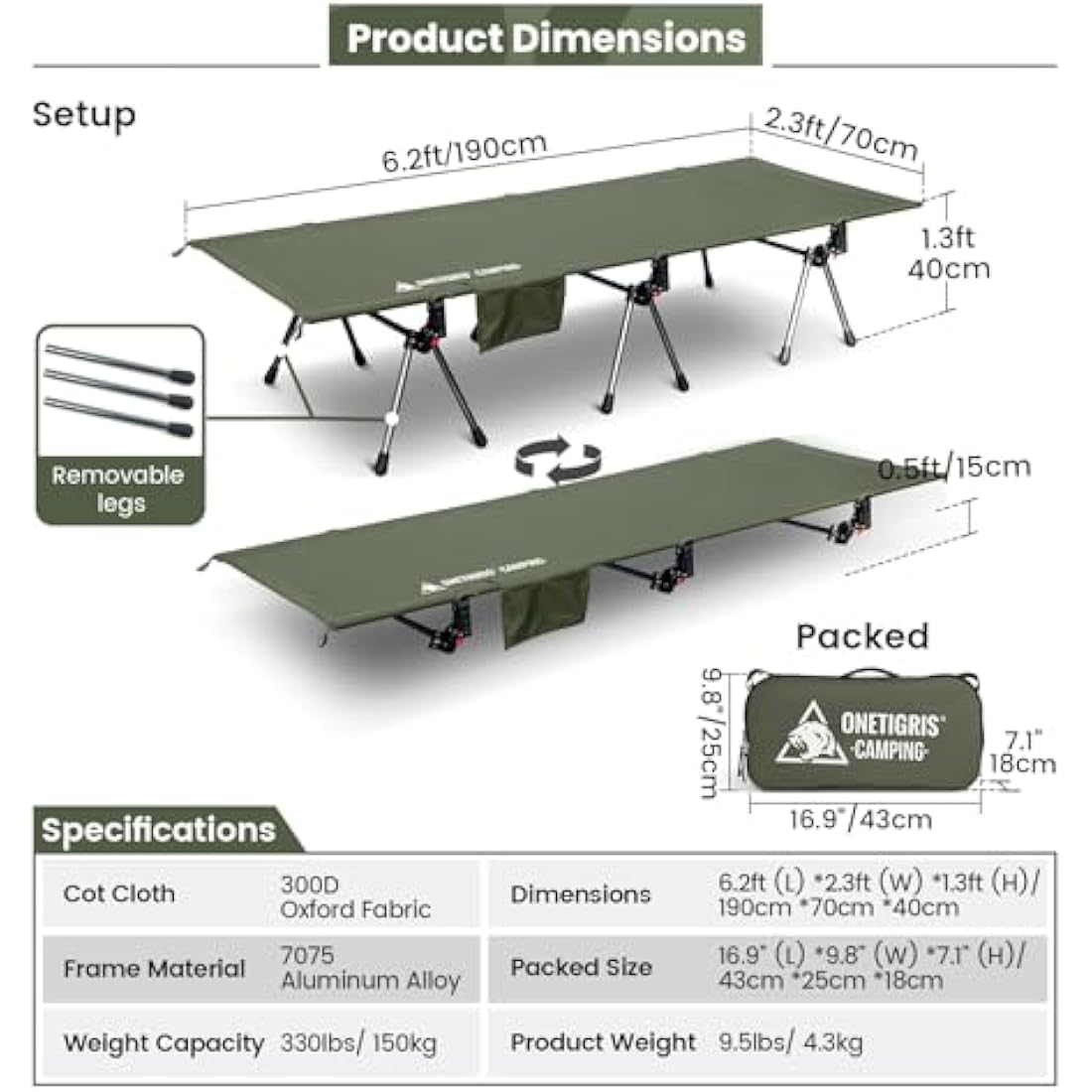 OneTigris SUPRANUBIS Camping Cot | Height Adjustable Folding Bed – Green