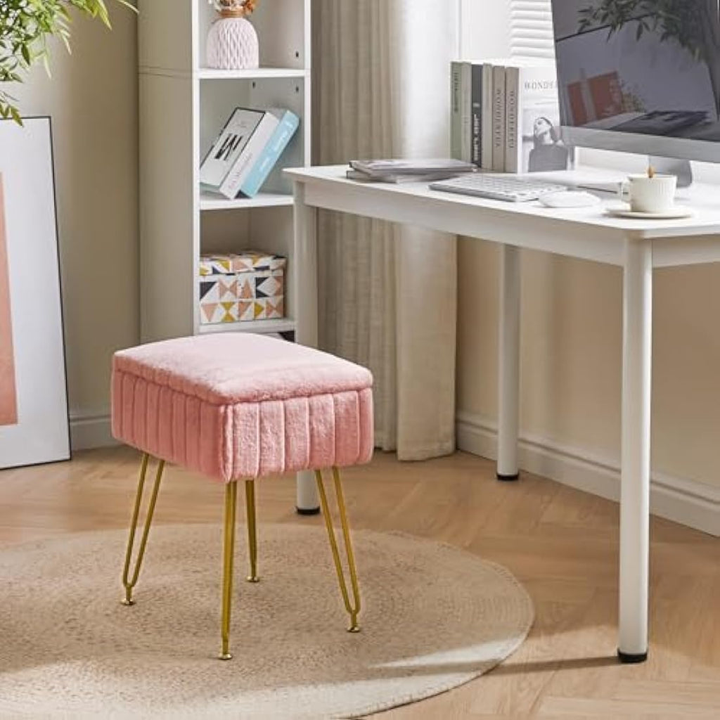 IBUYKE Faux Fur Storage Ottoman Stool – Pink Makeup Vanity Footrest