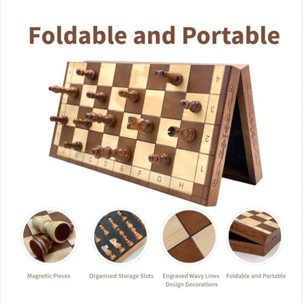 Syrace Magnetic Wooden Chess Set – 15.7" Hand Carved Foldable Travel Board