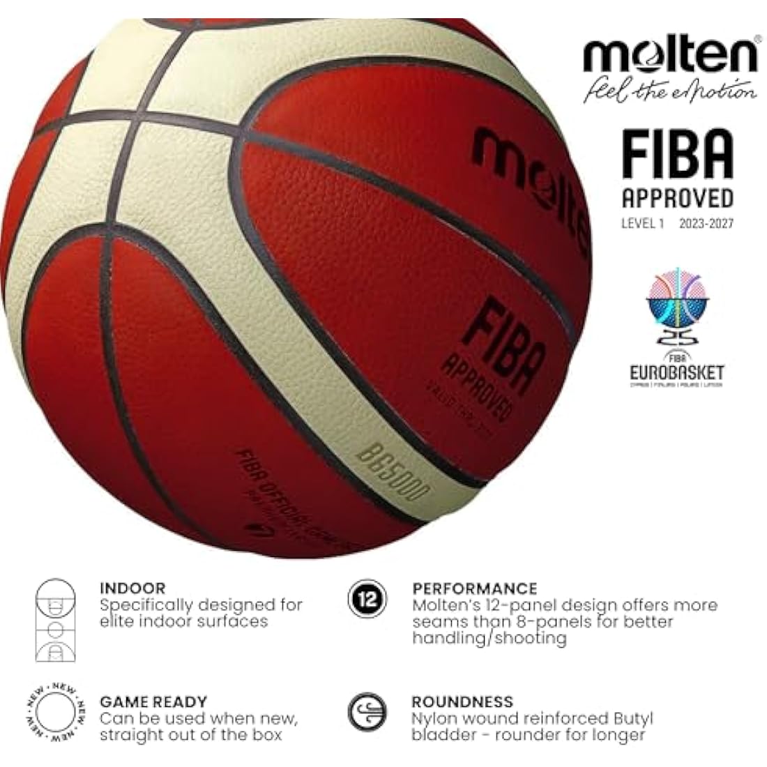 Molten BG5000 FIBA Official Game Basketball – Premium Real Leather Indoor