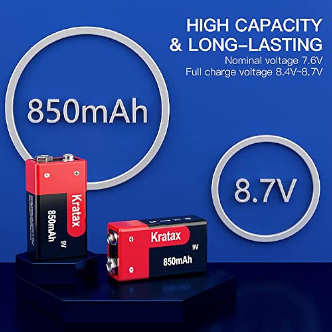 Kratax 9V Rechargeable Li-ion Battery | 850mAh High Capacity | 2 Pack