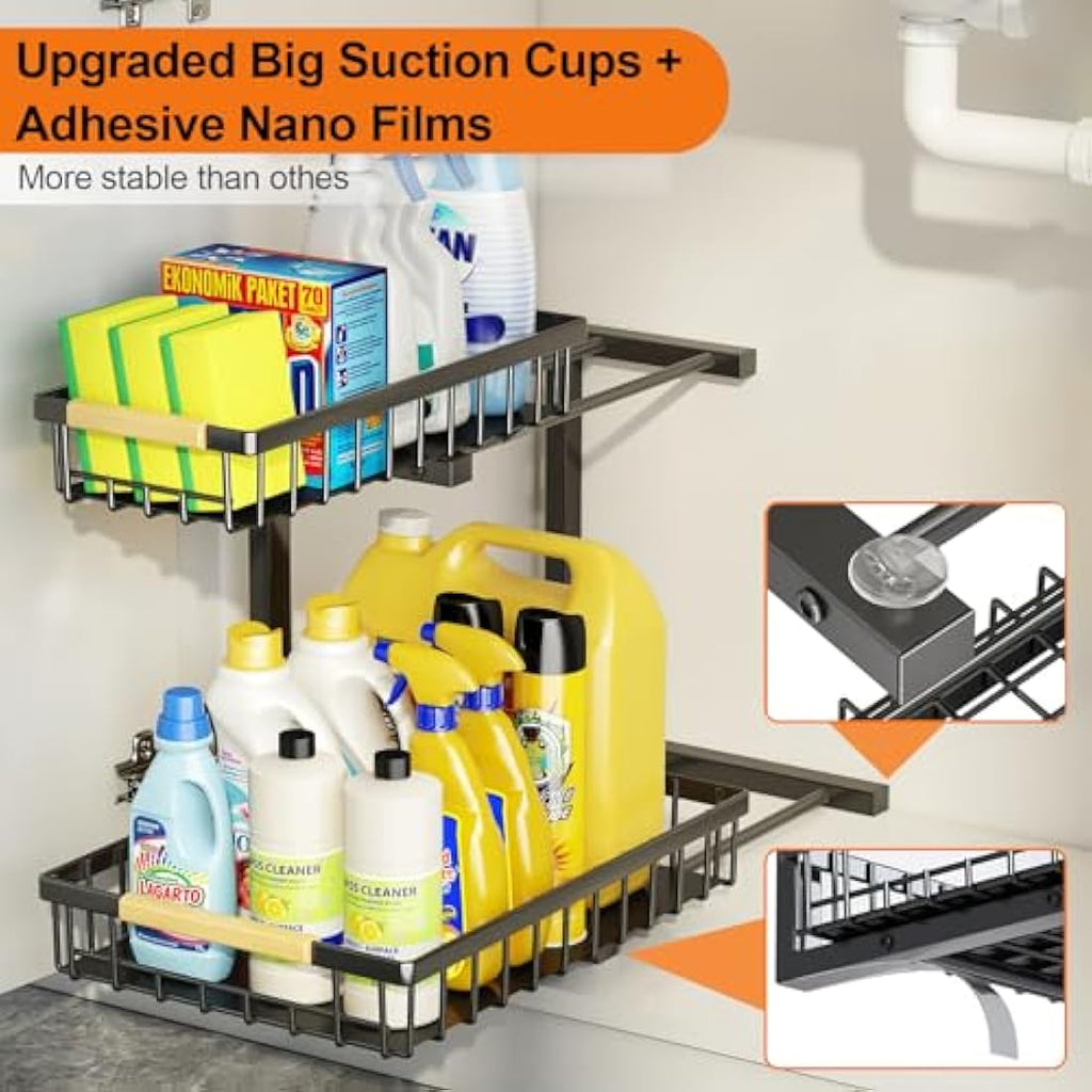 Miyawell 2-Pack Under Sink Organizer | 2-Tier Sliding Metal Cabinet Shelf