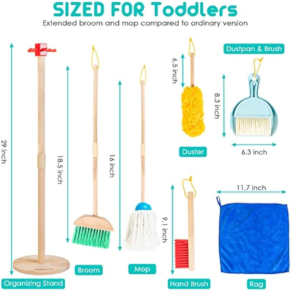 HELLOWOOD 8-Piece Wooden Kids Cleaning Set | Toddler Pretend Play Kit