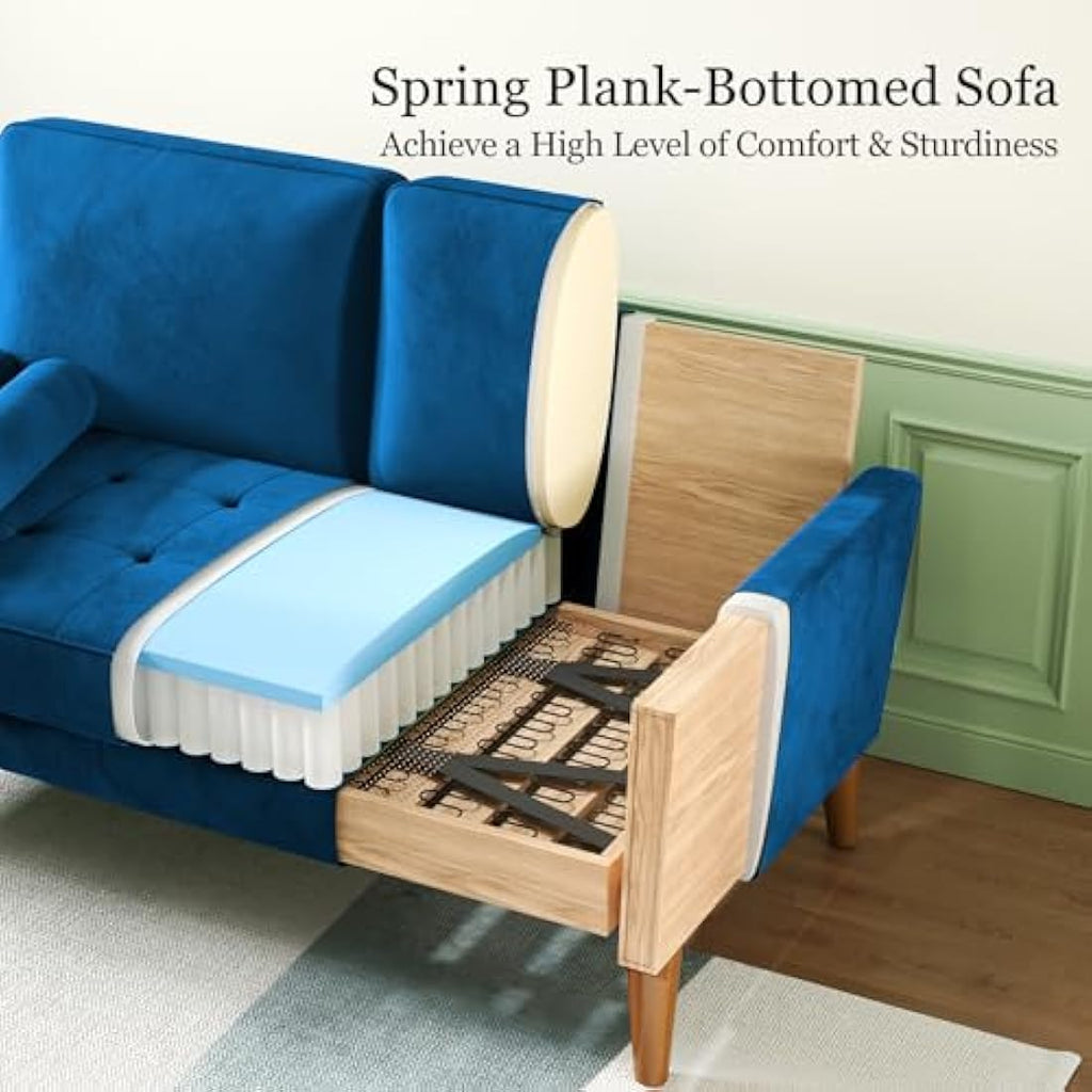 Vesgantti 2 Seater Blue Velvet Sofa – Modern Loveseat with Wood Legs