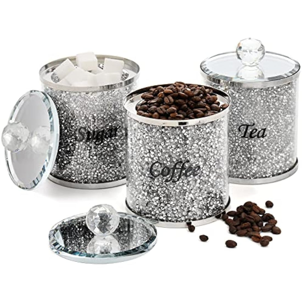 Jolof Store 3-Pack Crushed Diamond Glass Coffee Tea Sugar Canister Set