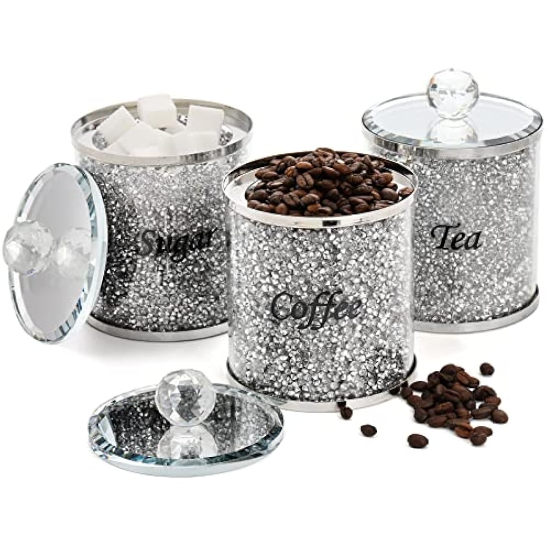 Jolof Store 3-Pack Crushed Diamond Glass Coffee Tea Sugar Canister Set
