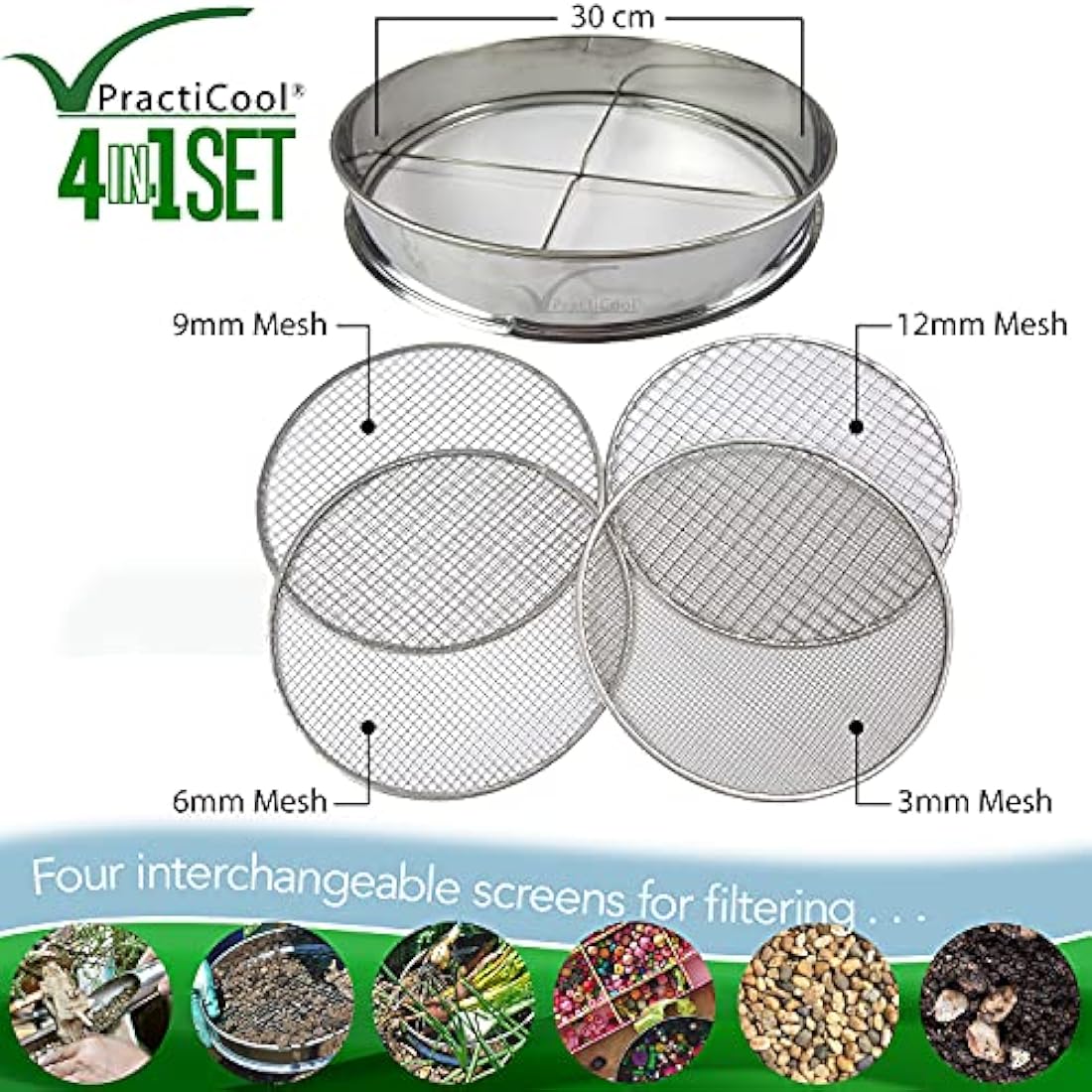 Practicool Stainless Steel Garden Sieve – 4 Mesh Sizes & Bonus Spade