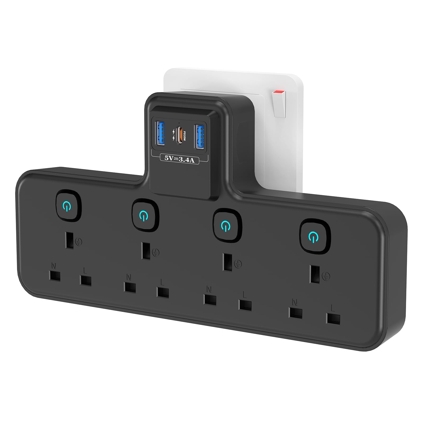 PASSUS 4 Way Multi Plug Extension Socket with PD20W USB C & Surge Protector