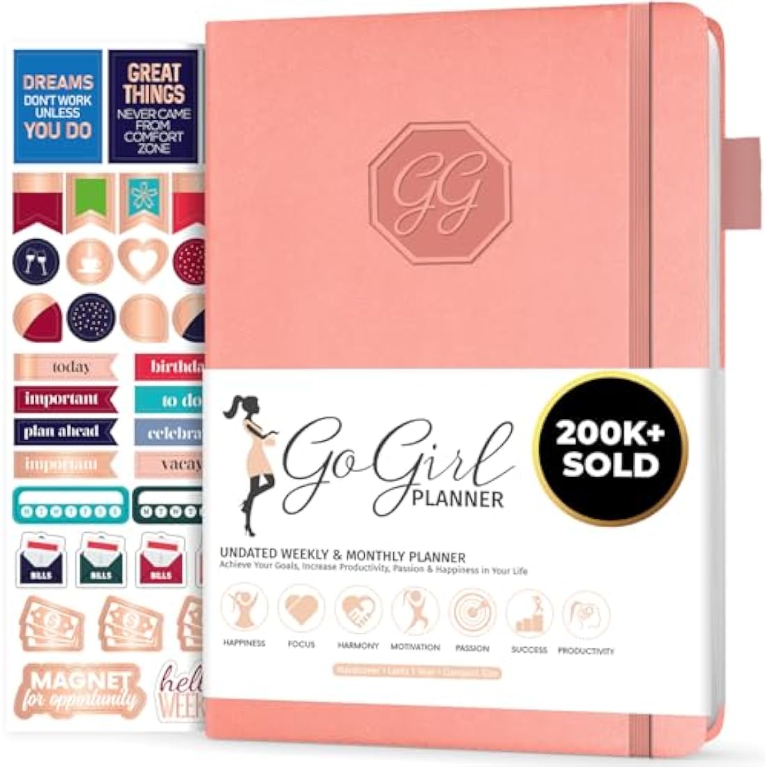 GoGirl Undated Weekly Planner – Compact Goal Journal, Peach Pink