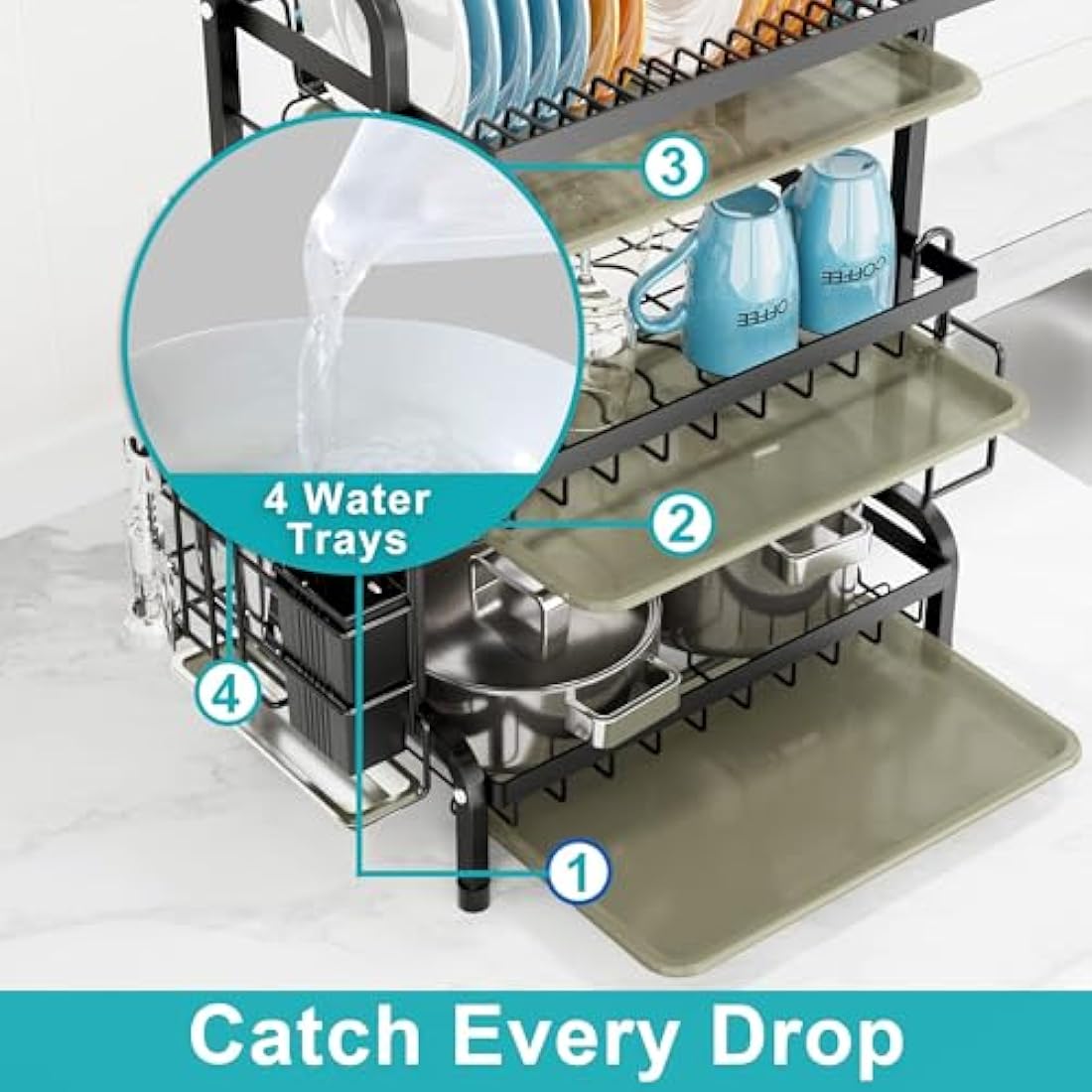 3-Tier Dish Drying Rack with Drip Tray and Cutlery Holder