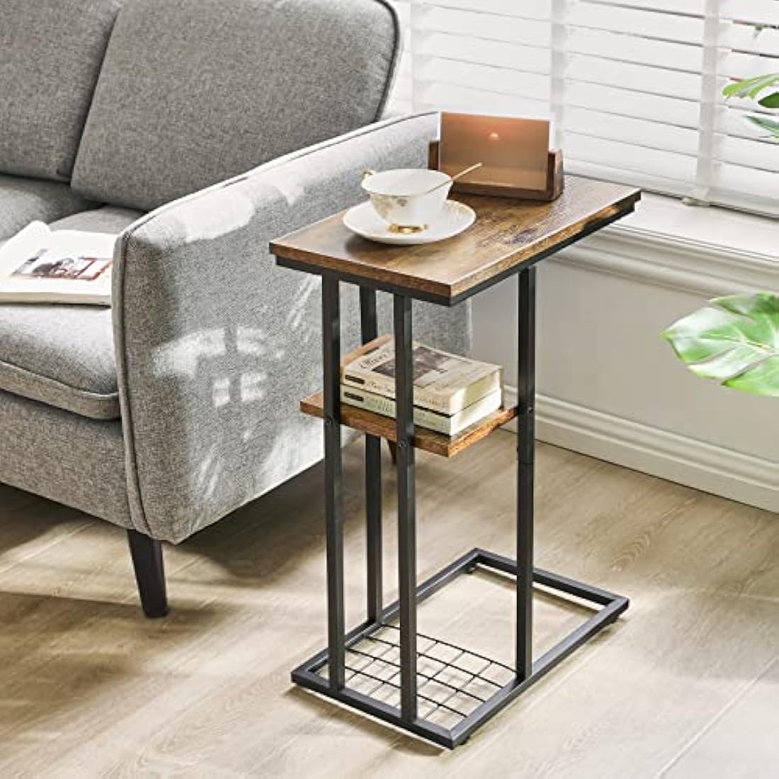 YMYNY C-Shaped End Table – Industrial Side Table for Small Spaces, Brown