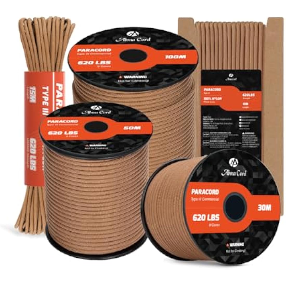 Abma Cord 4mm Type III Nylon Paracord – 9 Strands, 100m Coyote Brown