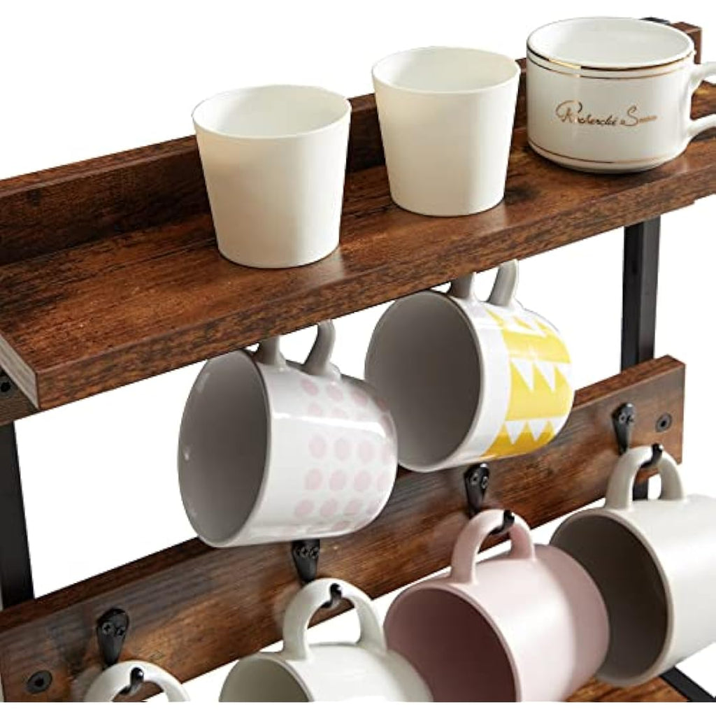 IBUYKE 2-Tier Coffee Mug Holder Stand – Rustic Brown 8-Cup Countertop Rack