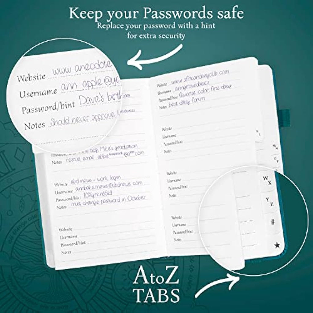 Password Book with Alphabetical Tabs - Turquoise, Medium
