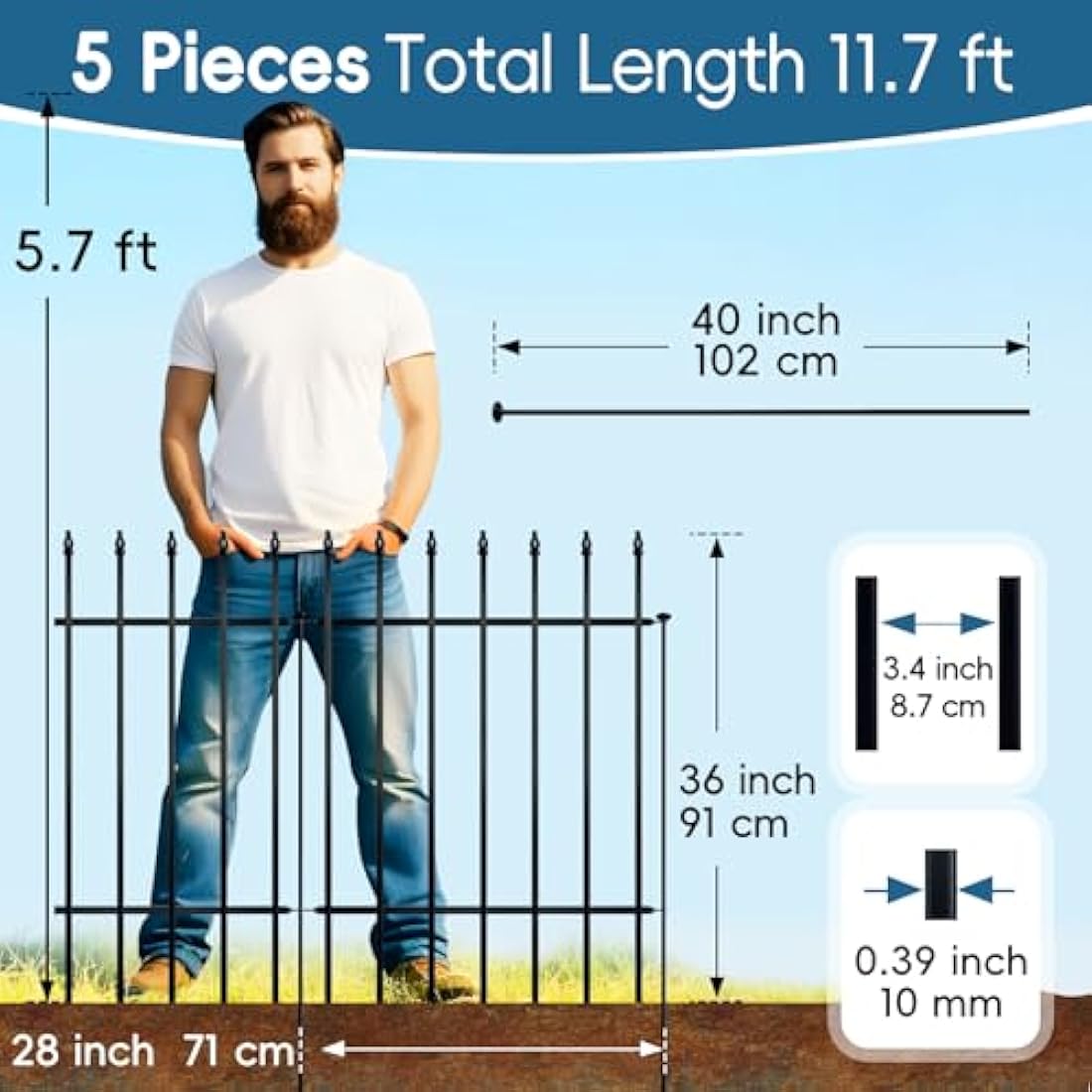 Thealyn Metal Garden Fence – 3.5m No-Dig Wrought Iron Dog Barrier, Black